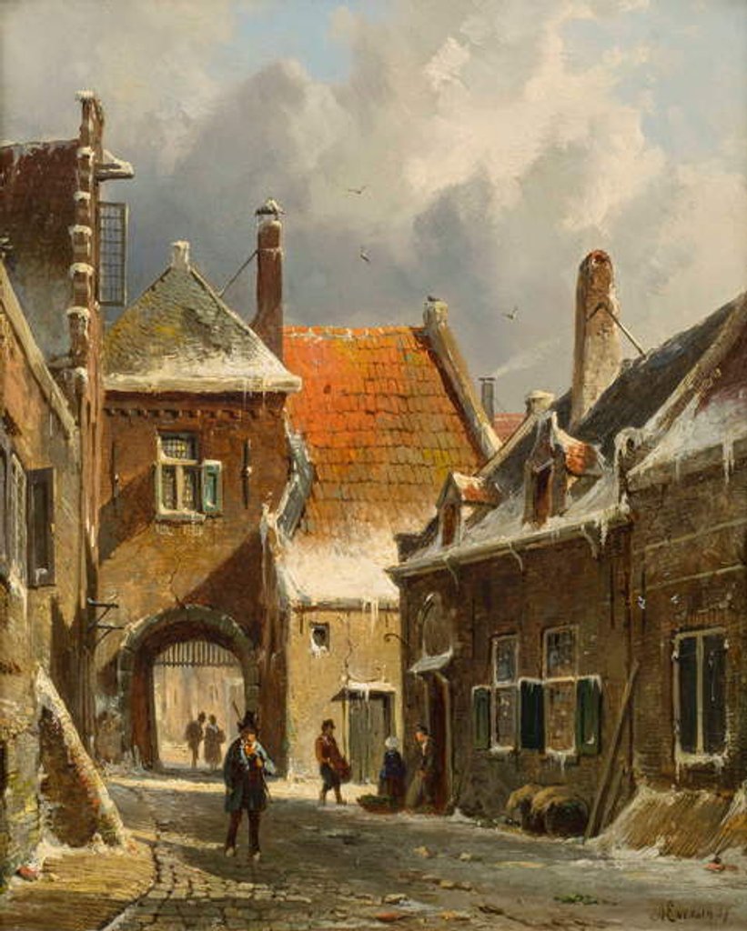 Detail of A Winter Street Scene, 19th century by Adrianus Eversen