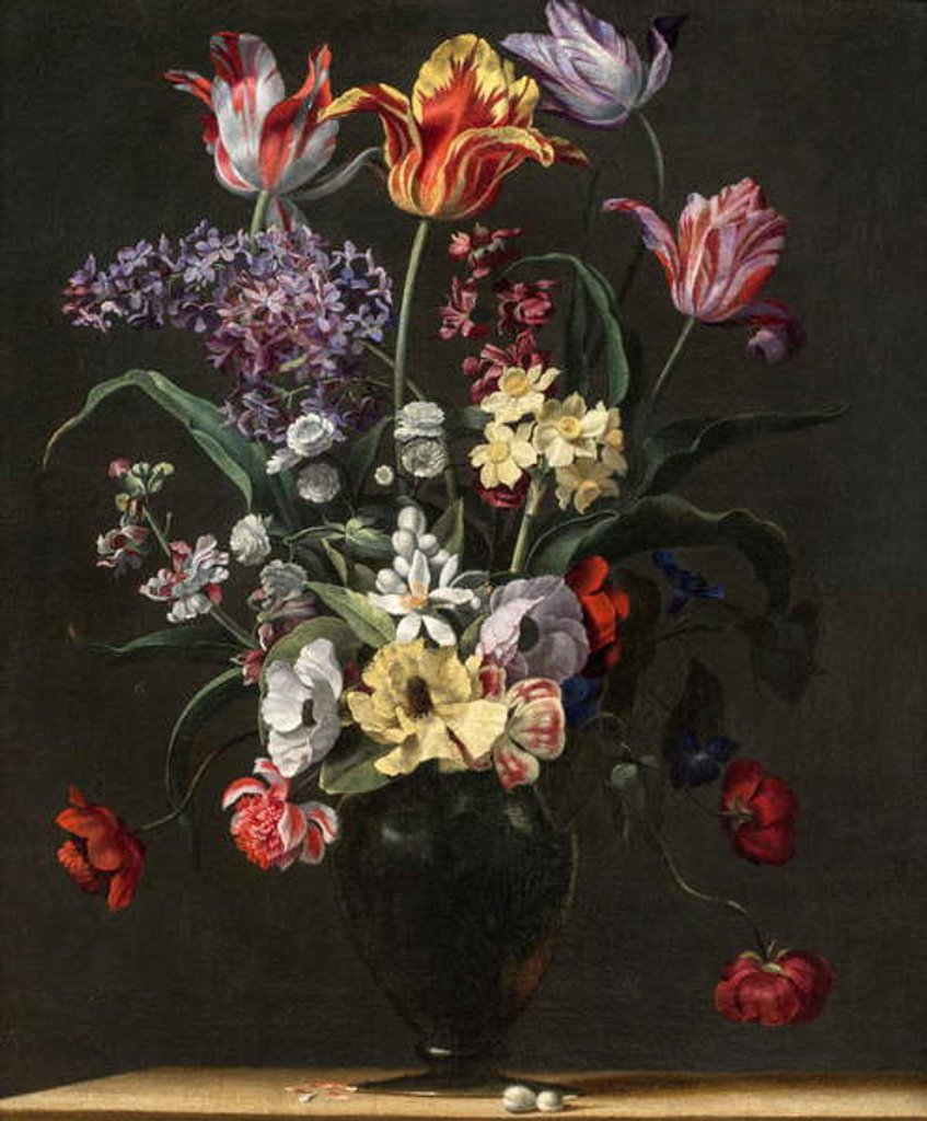 Detail of Tulips, Lilies, Daffodils, Lilacs, and Other Flowers in a Glass Vase on a Wooden Ledge, one of a pair, 17th century by Jean Picart