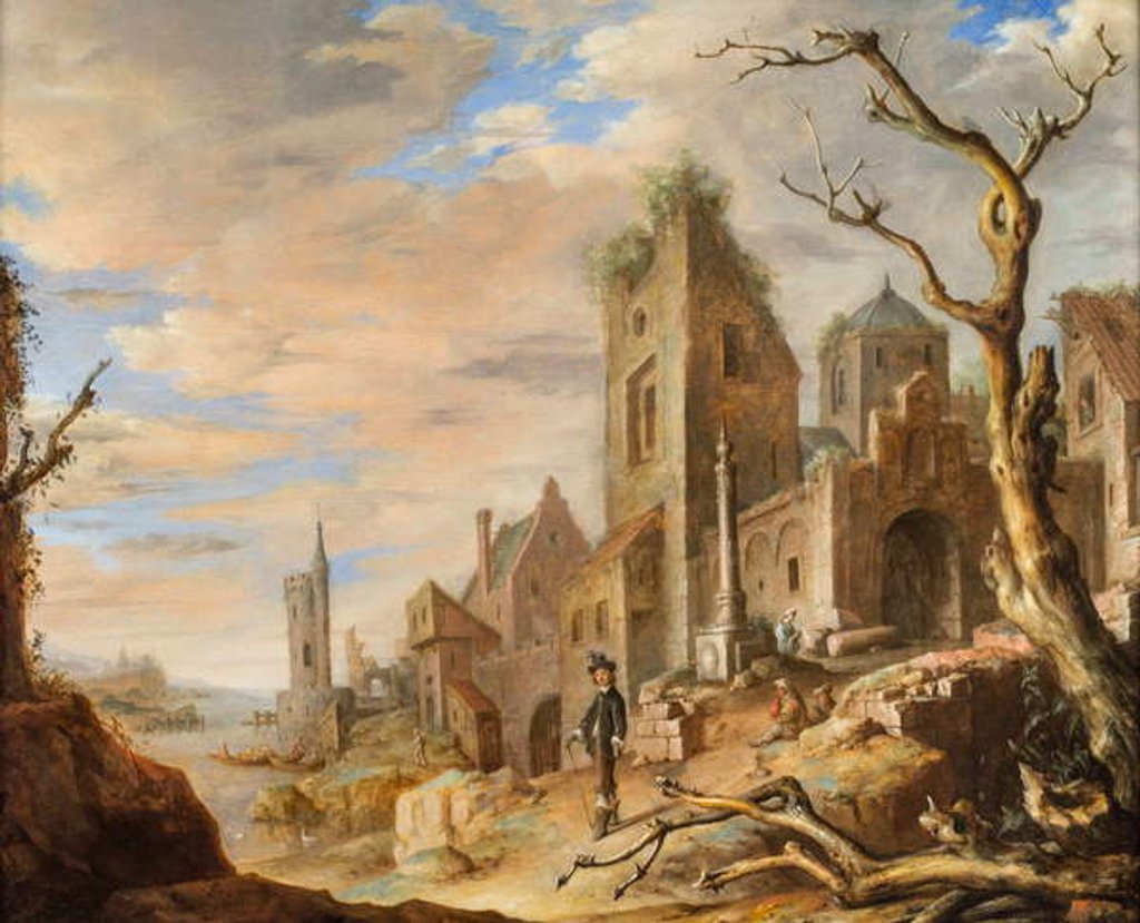 Detail of A River Landscape with a Medieval Town, 1652 by Jan Adriansz van Staveren
