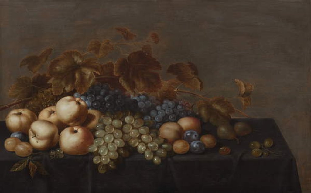 Detail of Still Life of Fruit on a Table Draped with a Dark Cloth: Plums, Apples, Bunches of Black and White Grapes and Pears by Floris van Schooten