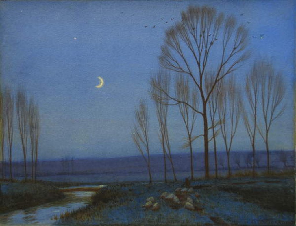 Detail of Shepherd and Sheep at Moonlight by Owen Baxter Morgan