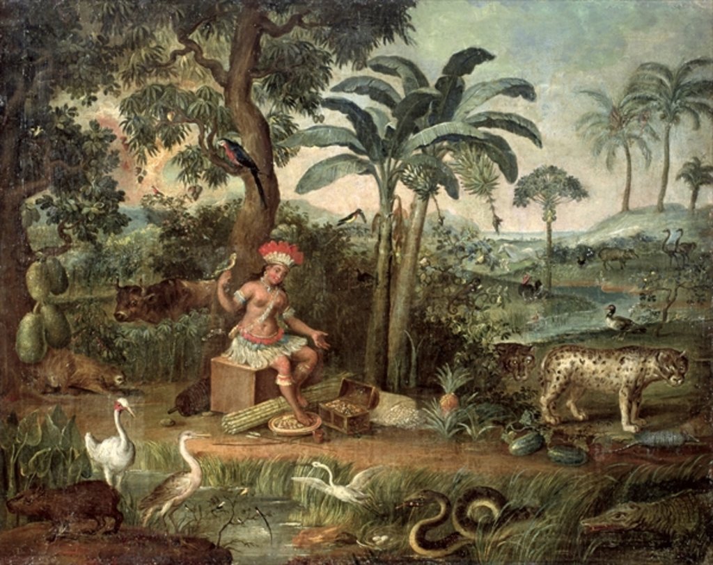 Detail of Native Indian in a landscape with animals by Jose Teofilo de Jesus