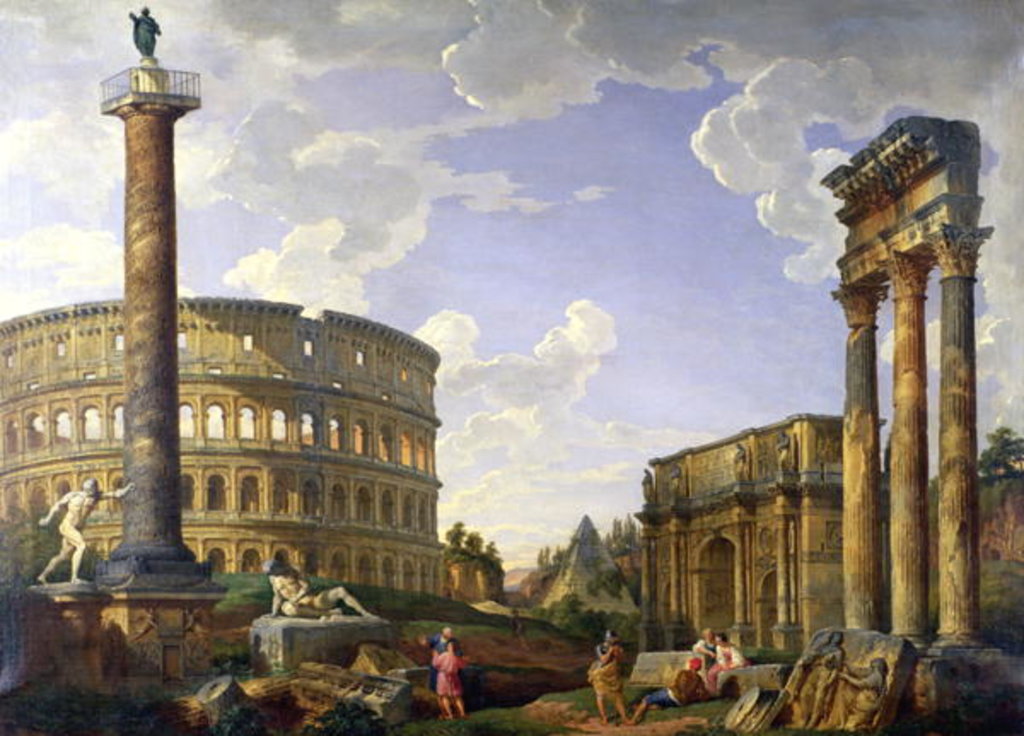 Detail of Roman Capriccio Showing the Colosseum, Borghese Warrior, Trajan's Column, the Dying Gaul, Tomb of Cestius, Arch of Constantine and the Temple of Castor and Pollux by Giovanni Paolo Pannini or Panini