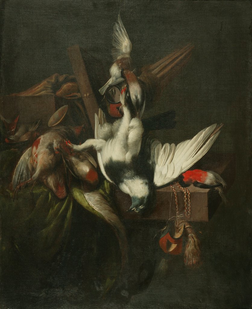Detail of Still life with Dead Pigeon, Finches and Falcons' Hoods by William Gowe Ferguson