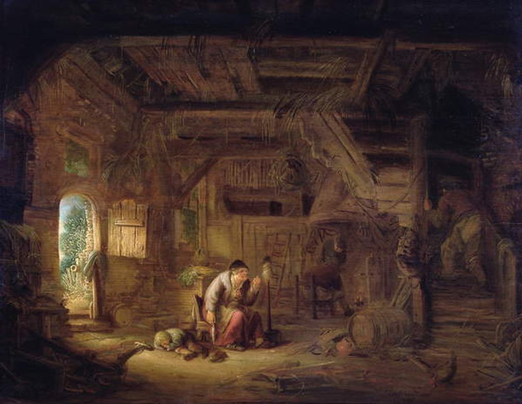 Detail of Interior of a barn with an old woman at a distaff by Isack van Ostade