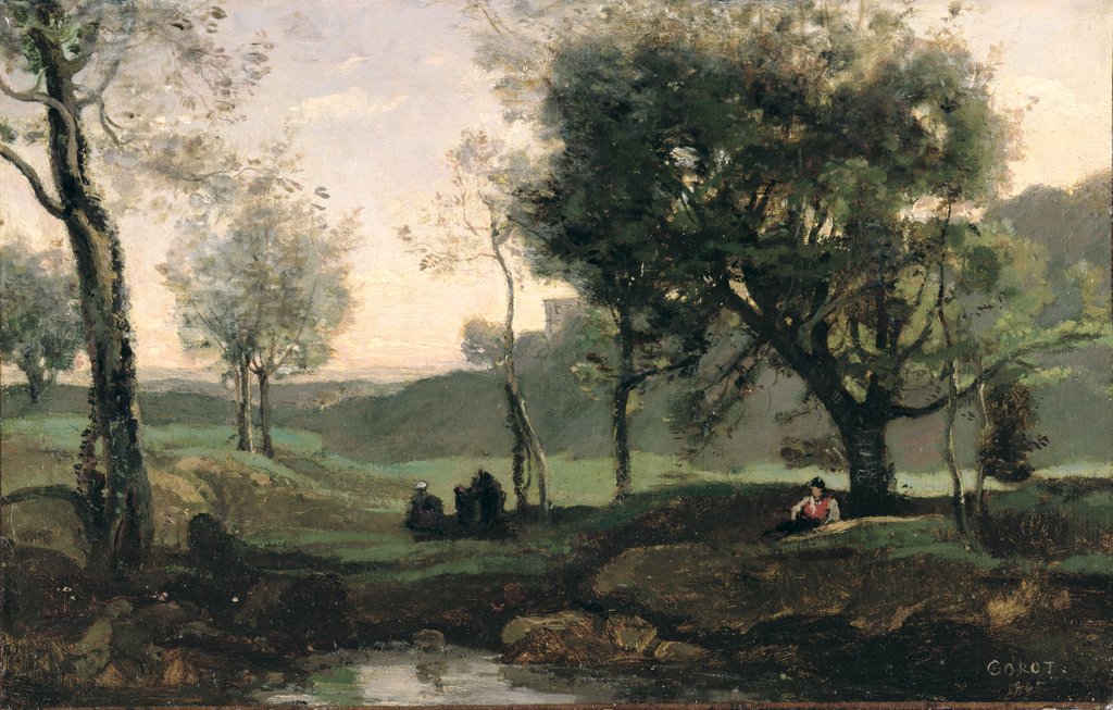 Detail of Sunset: Figures Under Trees by Jean Baptiste Camille Corot