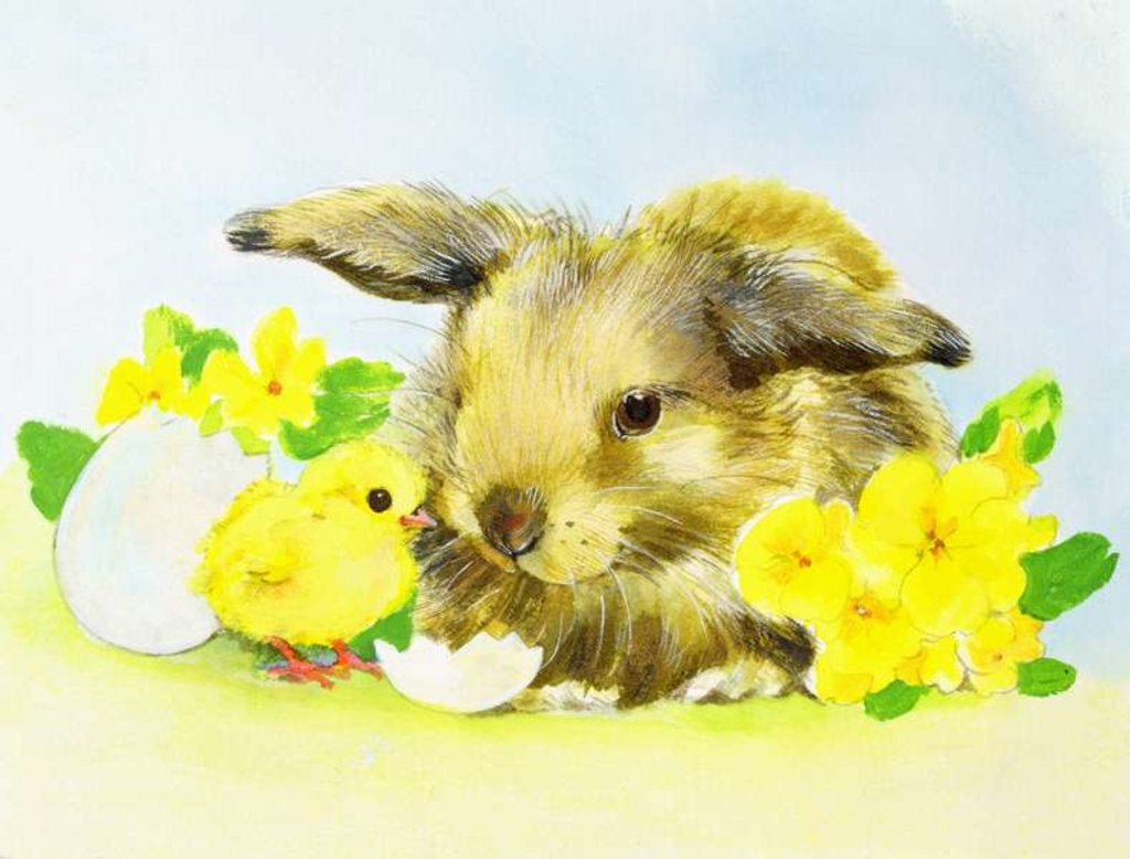 Detail of Easter bunny with primrose and chick by Diane Matthes