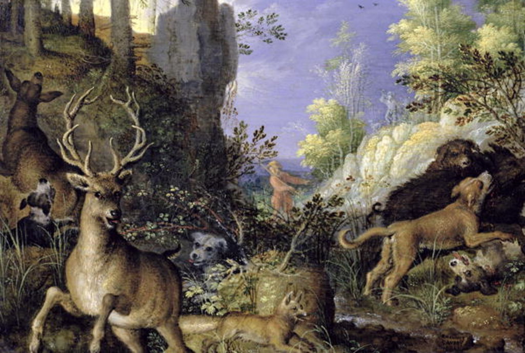 Detail of A woodland scene with hunters and animals by Roelandt Jacobsz. Savery