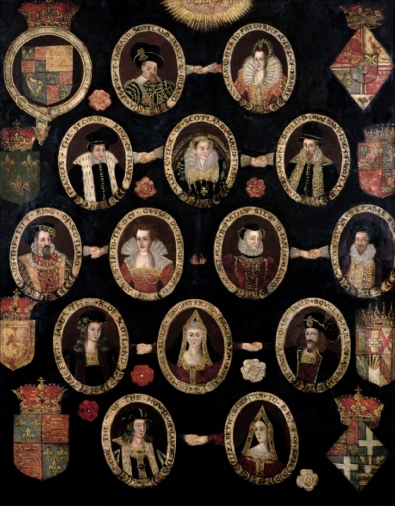 Detail of Genealogical chart tracing the Tudor roots of Mary Stuart, Queen of Scots and her son James VI of Scotland and I of England c.1603 by English School