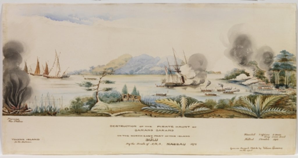 Detail of The Destruction of the Pirate Haunt of Carang Carang on the North East Part of the Island of Sulu by the Boats of H.M.S. Nassau in 1872 by English School