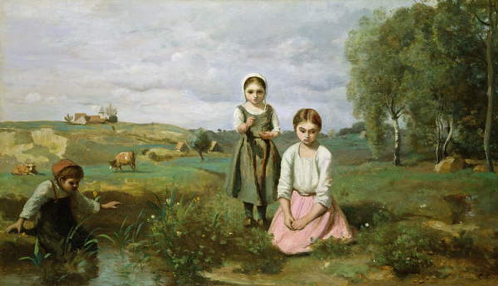 Detail of Children beside a brook in the countryside, Lormes by Jean Baptiste Camille Corot