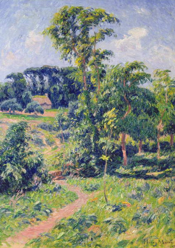 Detail of Landscape with trees and a path leading to a cottage by Henry Moret