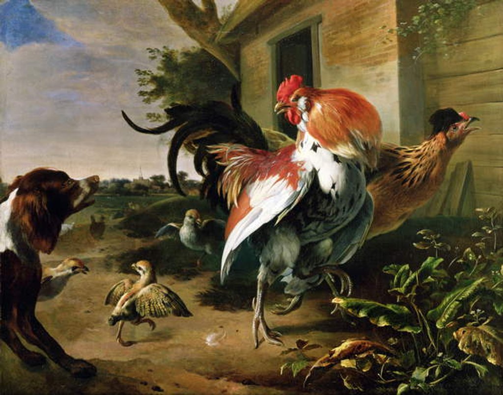 Detail of Poultry and Spaniel in a farmyard by Melchior de Hondecoeter