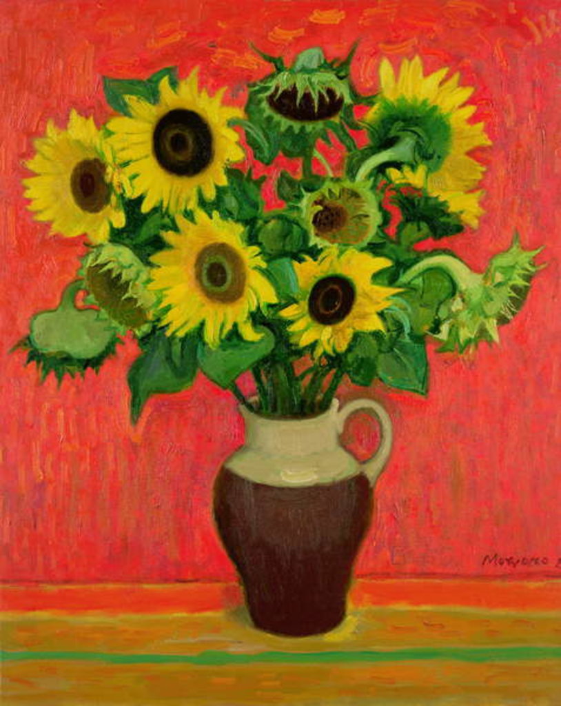 Detail of Sunflowers on a Red Background by Alberto Morrocco