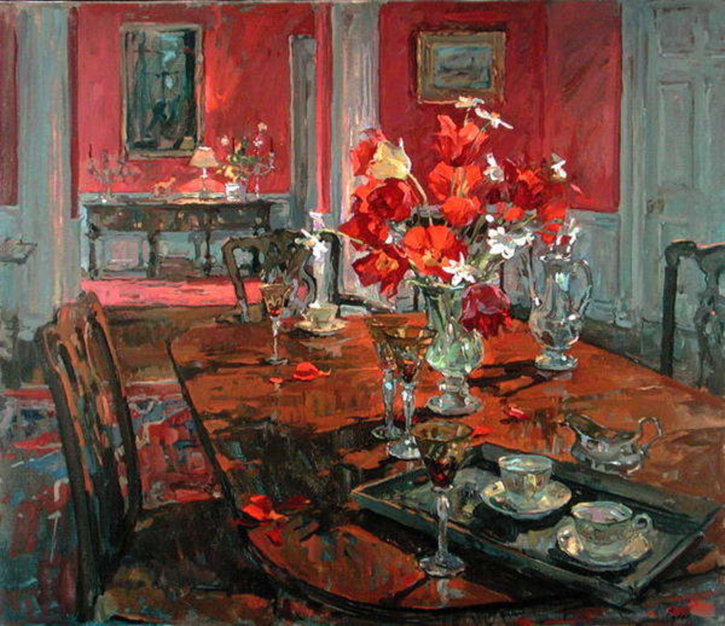 Detail of Tulips in a Red Dining Room by Susan Ryder