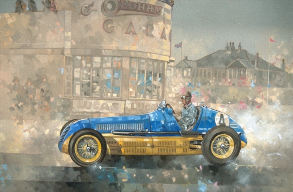 Detail of Blue and Yellow Maserati of Bira by Peter Miller