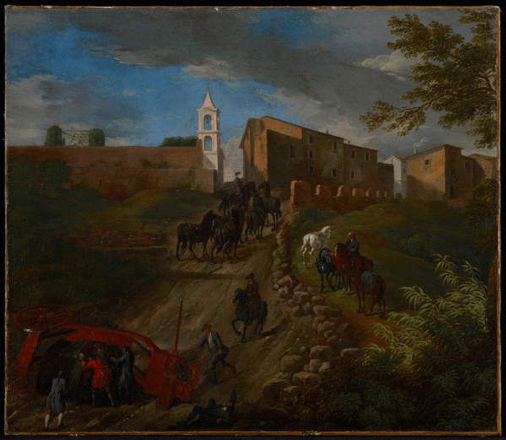 Detail of Coach and Travelers at Madonna del Riposo Near Rome by Pieter van Bloemen