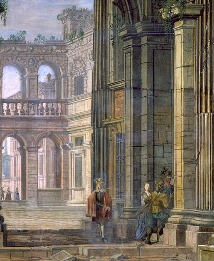 Detail of Palaces and courtyard by Giovanni Ghisolfi