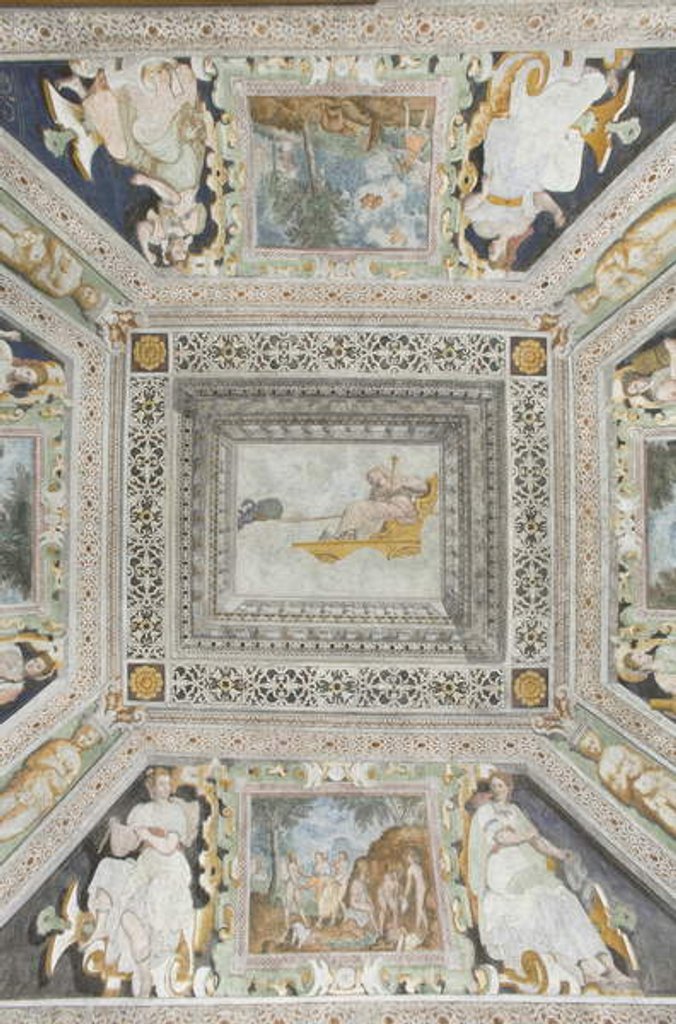 Detail of Room of Juno: Juno on a chariot pulled by two peacocks watching her husband's betrayal by Italian School