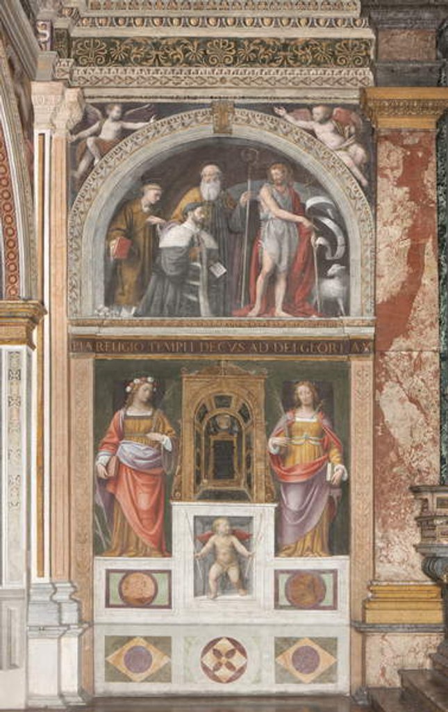 Detail of Alessandro Bentivoglio with saints and below Saint Rose and Saint Justina by Bernardino Luini