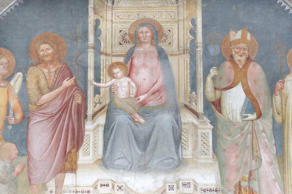 Detail of Madonna and Child, Angel Gabriel, Saint John the Baptist, Saint Ambrose, Saint Bernard by Italian School