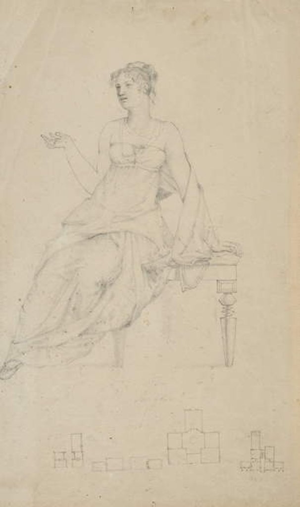 Detail of Woman seated on a bench and four floor plans by Samuel Finley Breese Morse