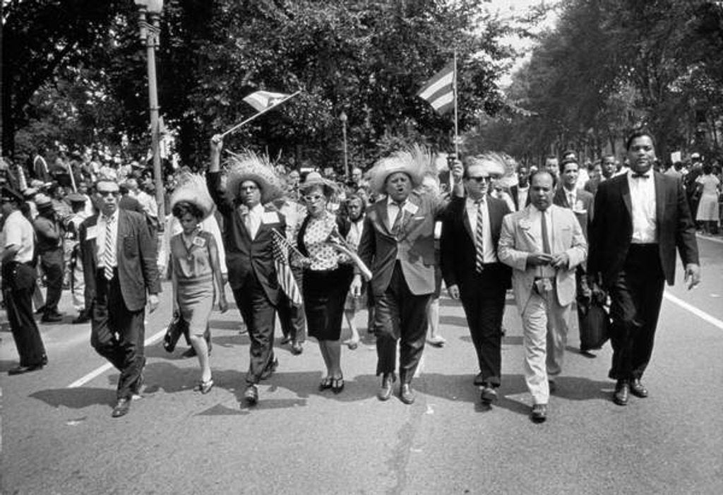 Detail of The March on Washington: Marchers Wearing Hats Carry Puerto Rican Flags Down Constitution Avenue, 29th August 1963 by Nat Herz