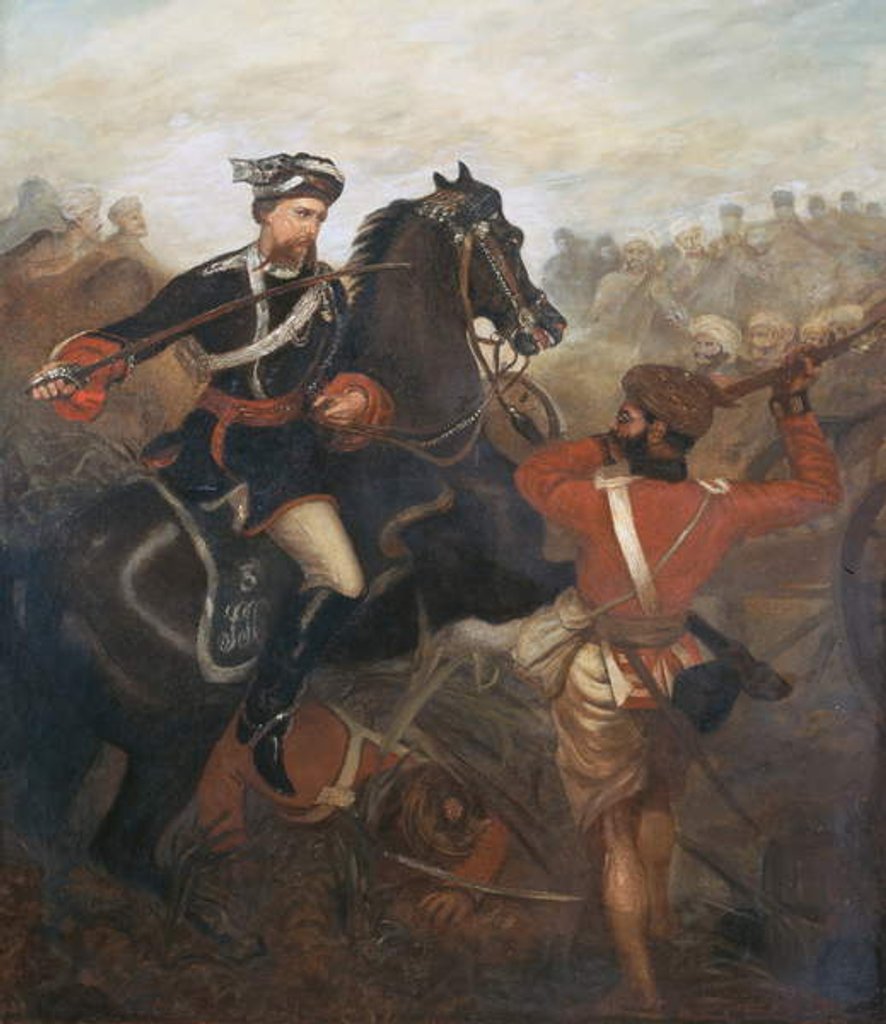 Detail of Lieutenant Frederick Robertson Aikman earning the Victoria Cross at Lucknow during the Indian Mutiny on 1st March 1858, c.1860 by Chevalier Louis-William Desanges