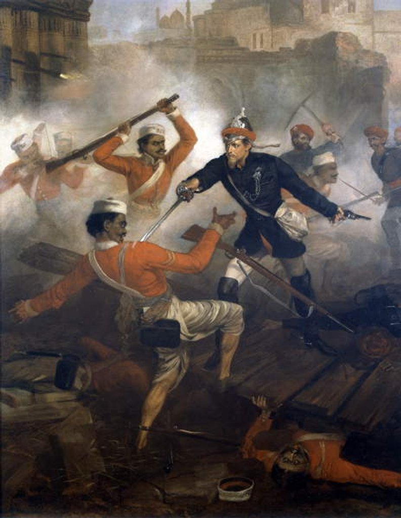 Detail of Lieutenant William Alexander Kerr earning the Victoria Cross during the Indian Mutiny, July 1857, c.1860 by Chevalier Louis-William Desanges