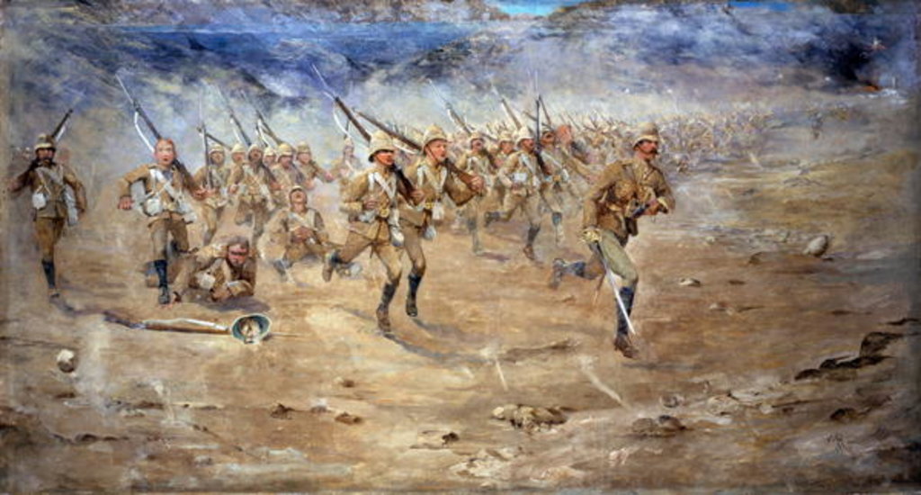 Detail of Return of the Fore and Aft, Gloucestershire Regiment advancing to the attack, India North West Frontier, 1897 by Edward Matthew Hale