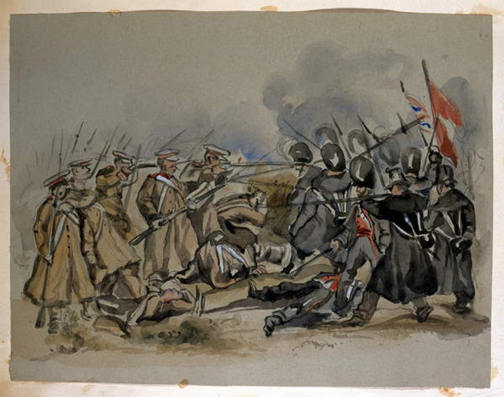Detail of A conflict between Guards and Russian Troops during the Crimean War, from an album of paintings and sketches known as 'Cadogan's Crimea', c.1856 by George Cadogan