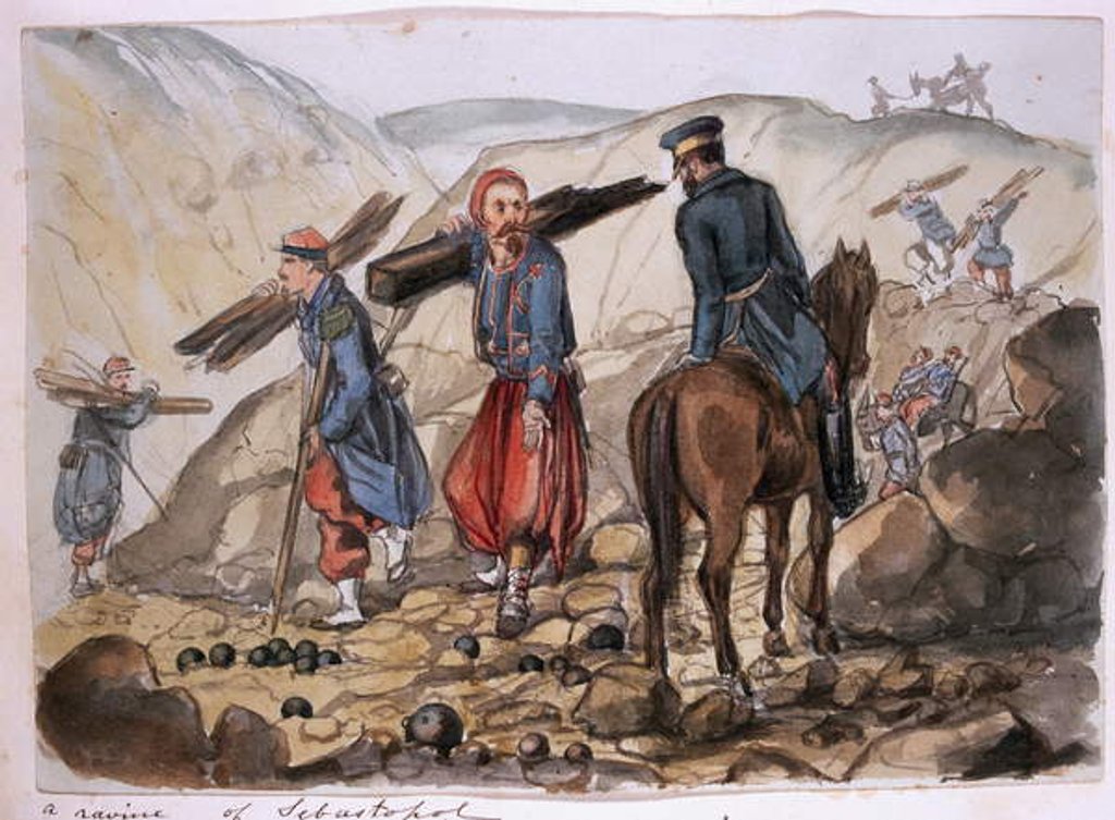 Detail of A ravine of Sebastopol after the explosion in the mamelon vert: a Zouave collects wood from the remains by George Cadogan