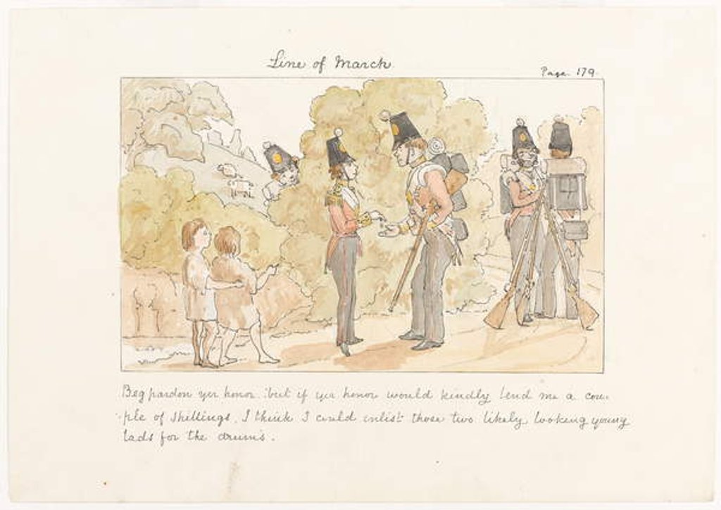 Detail of Beg Pardon yer honor, but if yer honor would kindly lend me a couple of shillings I think I could enlist those two likely looking young lads for the drums, c.1850 by English School