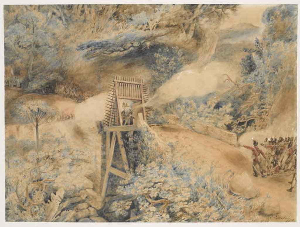 Detail of The 3rd West India Regiment fire on French troops at a bridge head, on the Ile de Cabret or Terre d'en Haut, April 1809 by John Eckstein