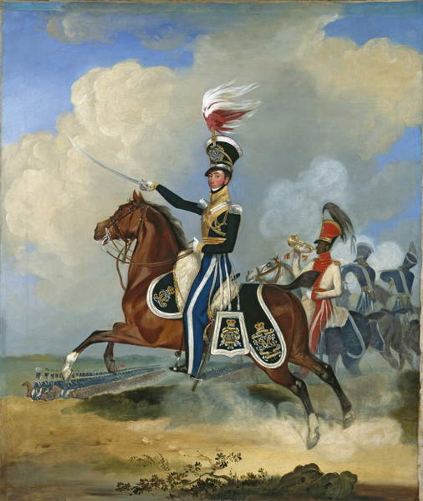 Detail of Major James John Hugonin, 4th Light Dragoons, with his black trumpeter, two troopers and the regiment beyond, c.1820 by James Pardon