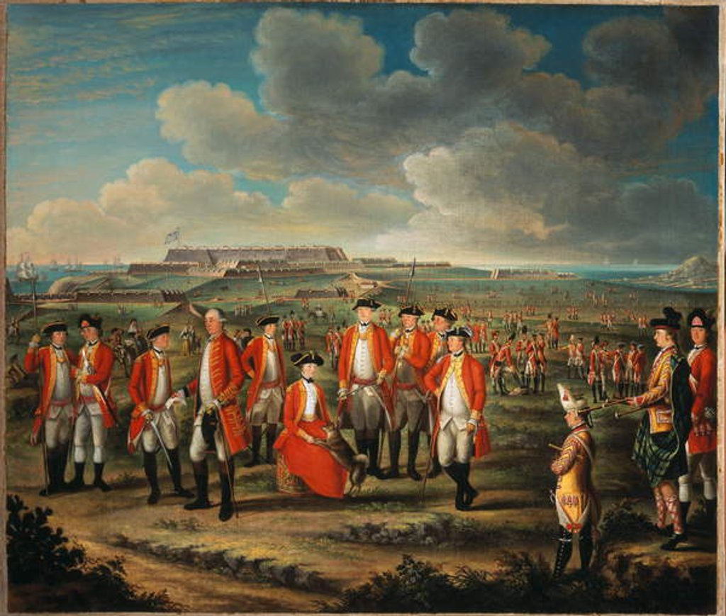 Detail of Lady Louisa Lennox with her husband’s Regiment, 25th Regiment of Foot, with Lord George Lennox beside her, and Fort St Philip, Port Mahon, in the background, c.1771 by Giuseppe Chiesa