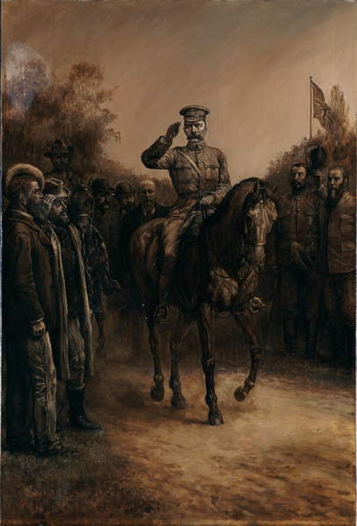 Detail of General Lord Kitchener saluting as he rides past Boer leaders who stand, doffing their hats, 1902 by Johann Nepomuk Schonberg