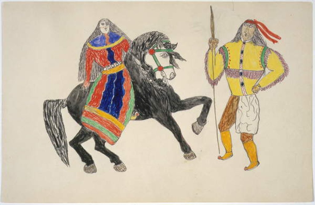 Detail of Woman on black horse greets man by Frederick Gokliz