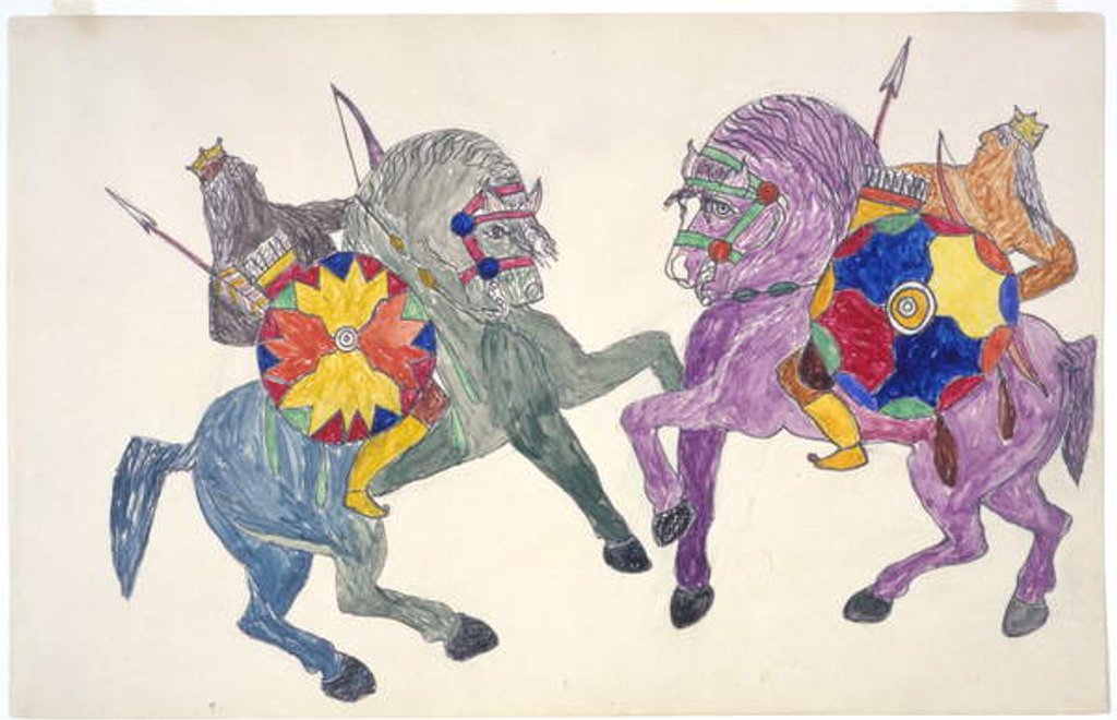 Detail of Two men with shields on rearing horses by Frederick Gokliz