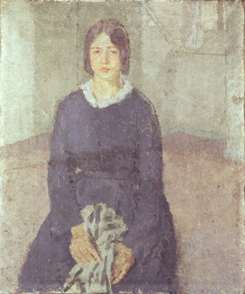 Detail of Girl in a blue dress holding a piece of sewing by Gwen John