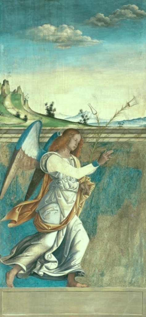 Detail of Angel Gabriel, annunciation panel originally forming one of the outside shutters of the organ in San Bartolomeo, Vicenza by Giovanni de' Vajenti Speranza