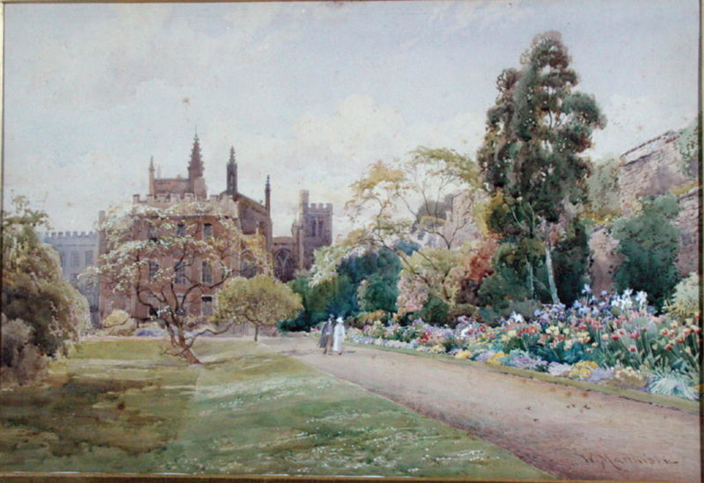 Detail of The long walk and flower border in May - New College, Oxford, c.1918 by William Matthison