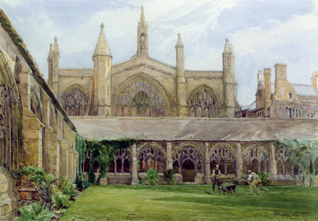 Detail of New College cloisters with gardener, 1887 by John Fulleylove
