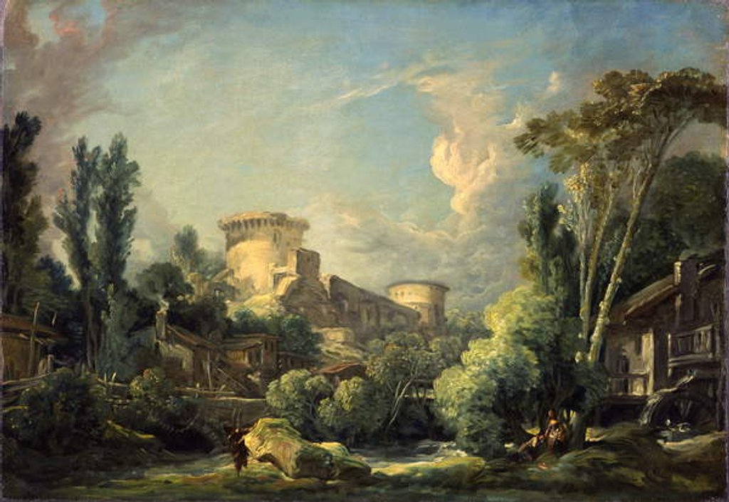 Detail of Landscape with Castle and Mill, c.1765 by Francois Boucher