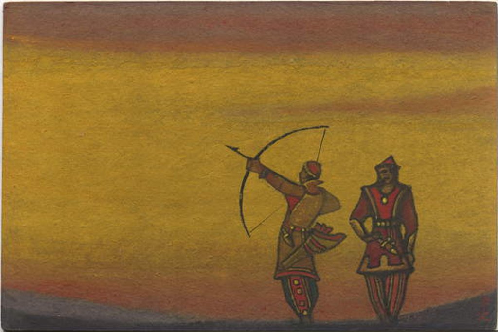 Detail of Polovtsians, one with a bow, costume design for 'Polovtsian Dances' from Borodin's opera 'Prince Igor', 1943 by Nicholas Roerich