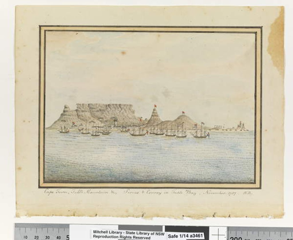 Detail of Opp. p. 46. Cape Town, Table Mountain &c; Sirius & Convoy in Table Bay, November. 1787, c.1802 by William Bradley