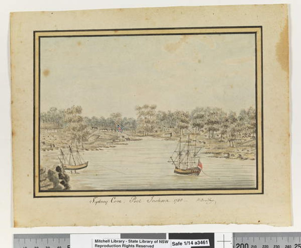 Detail of Opp. p. 84. `Sydney Cove, Port Jackson. 1788', c.1802 by William Bradley