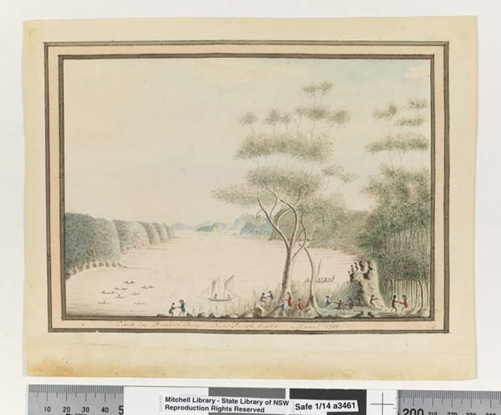 Detail of Opp. p. 90. `View in Broken Bay New South Wales. March 1788', c.1802 by William Bradley