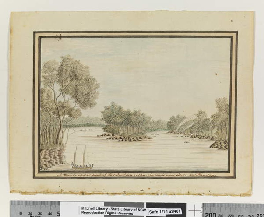 Detail of Opp. p. 120. `A View in upper part of Port Jackson; when the Fish was shot.', c.1802 by William Bradley