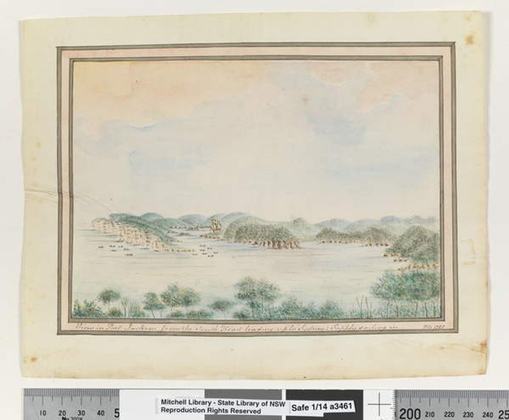 Detail of Opp. p. 123. `View in Port Jackson from the South Head leading up to Sydney; Supply sailing in.', c.1802 by William Bradley